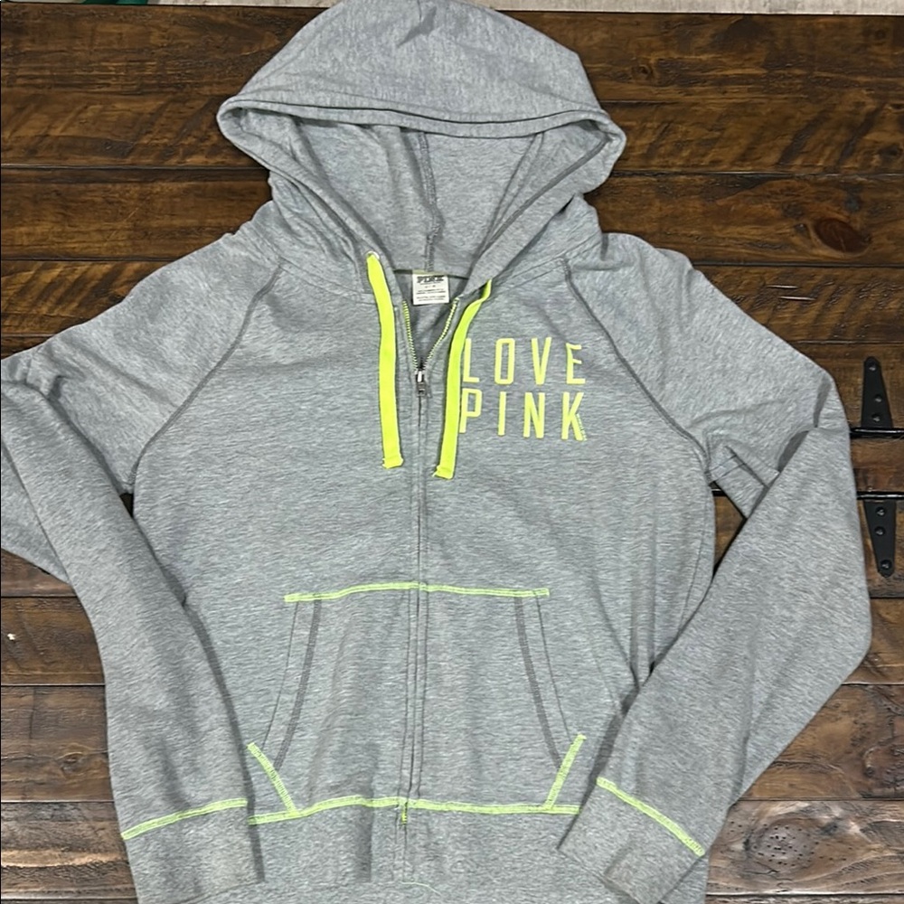 PINK Gray Hoodie with Neon Accents
